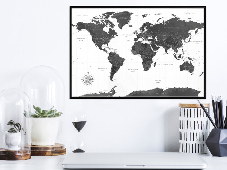 Poster Monochromatic Map - black and white world map with English text 117227 additionalImage 3