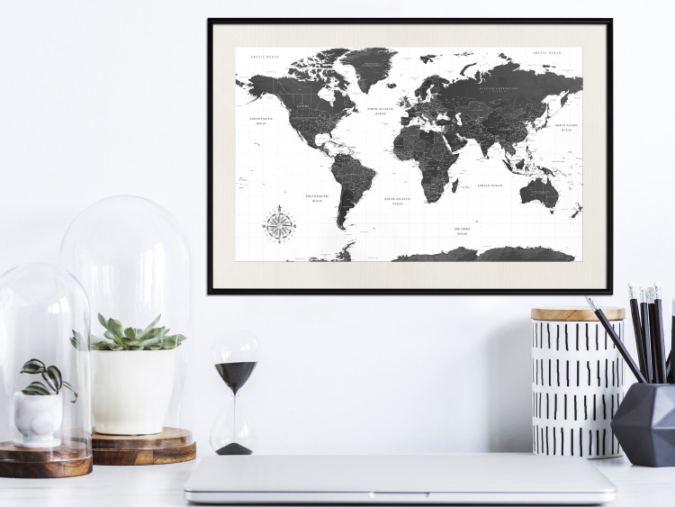 Poster Monochromatic Map - black and white world map with English text 117227 additionalImage 22
