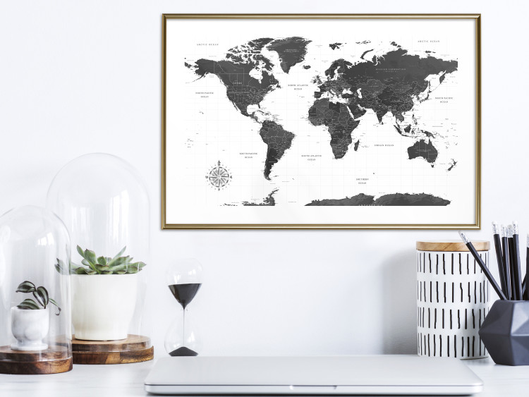 Poster Monochromatic Map - black and white world map with English text 117227 additionalImage 15