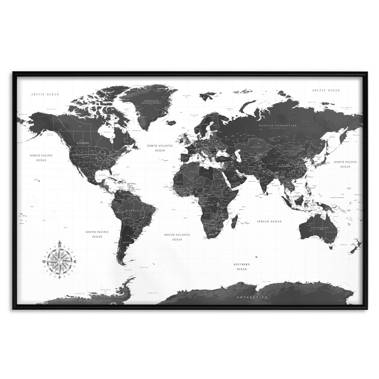 Poster Monochromatic Map - black and white world map with English text 117227 additionalImage 24
