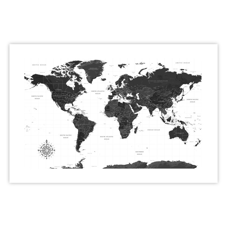 Poster Monochromatic Map - black and white world map with English text 117227 additionalImage 25