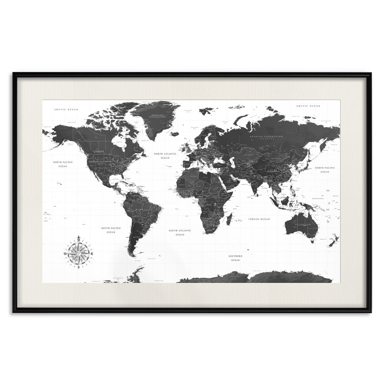 Poster Monochromatic Map - black and white world map with English text 117227 additionalImage 18
