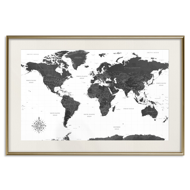 Poster Monochromatic Map - black and white world map with English text 117227 additionalImage 19