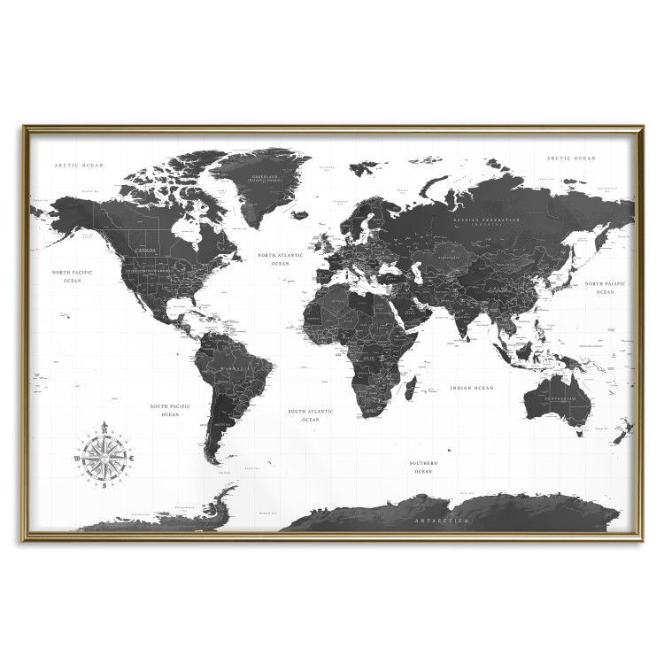 Poster Monochromatic Map - black and white world map with English text 117227 additionalImage 20