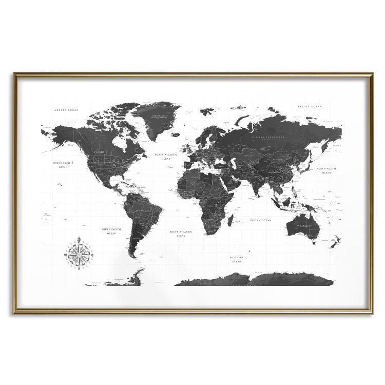 Poster Monochromatic Map - black and white world map with English text 117227 additionalImage 16