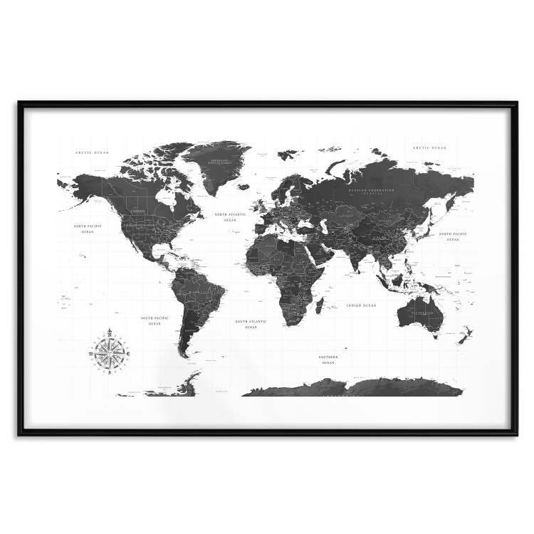 Poster Monochromatic Map - black and white world map with English text 117227 additionalImage 17