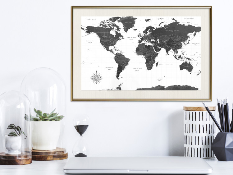 Poster Monochromatic Map - black and white world map with English text 117227 additionalImage 21