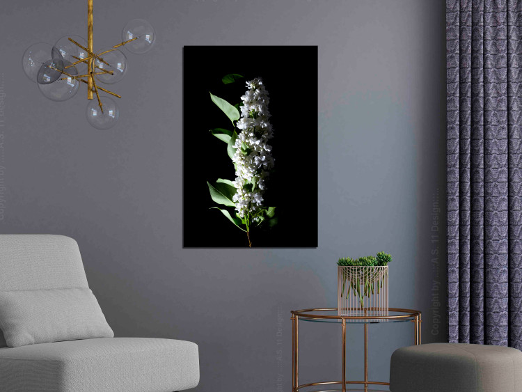 Canvas Art Print May decoration - photo of a white lilac flower and leaves on black 121627 additionalImage 3