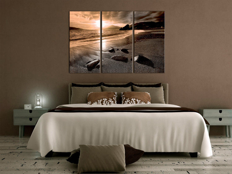 Canvas Art Print Sunset in sepia - sea landscape triptych with beach and mountains 125027 additionalImage 3