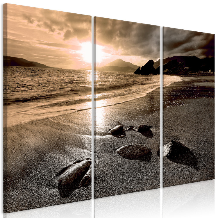 Canvas Art Print Sunset in sepia - sea landscape triptych with beach and mountains 125027 additionalImage 2