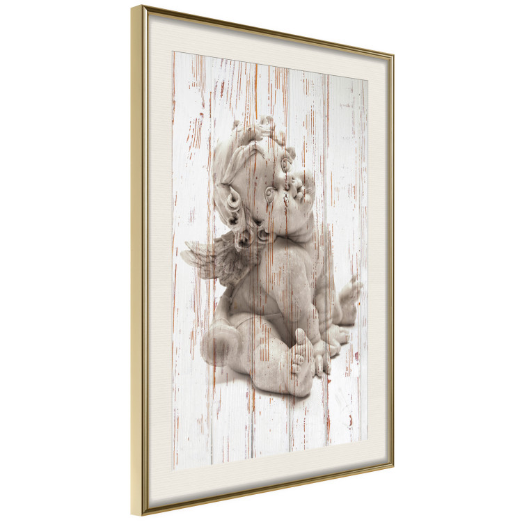 Poster Contemplative Love - stone sculpture of an angel on a wooden texture background 125227 additionalImage 2