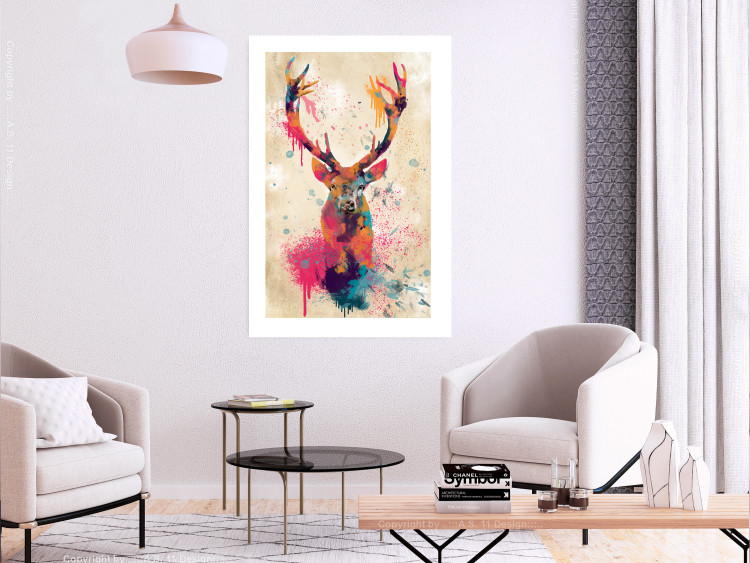 Poster Watercolor Deer - colorful abstract with a horned animal on a beige background 128927 additionalImage 3