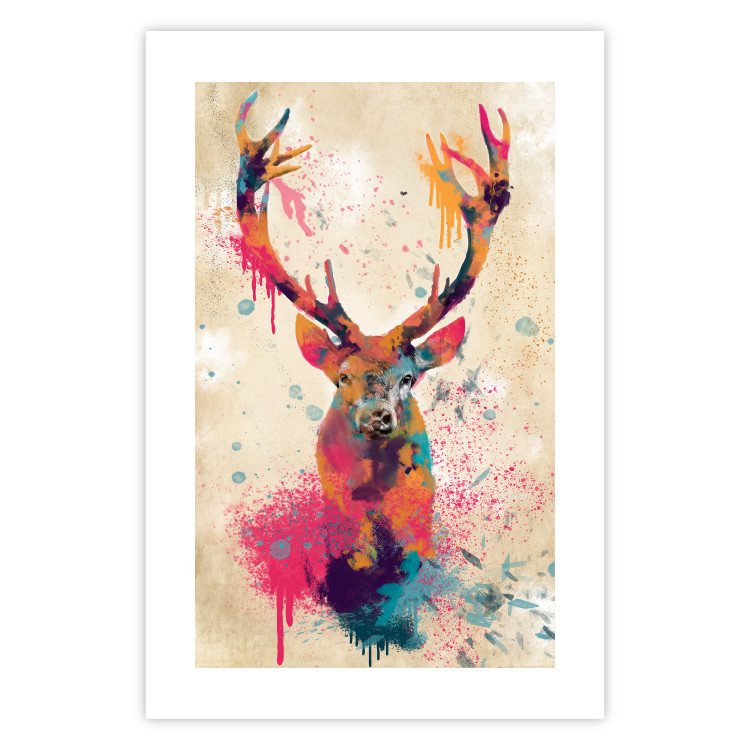 Poster Watercolor Deer - colorful abstract with a horned animal on a beige background 128927 additionalImage 19