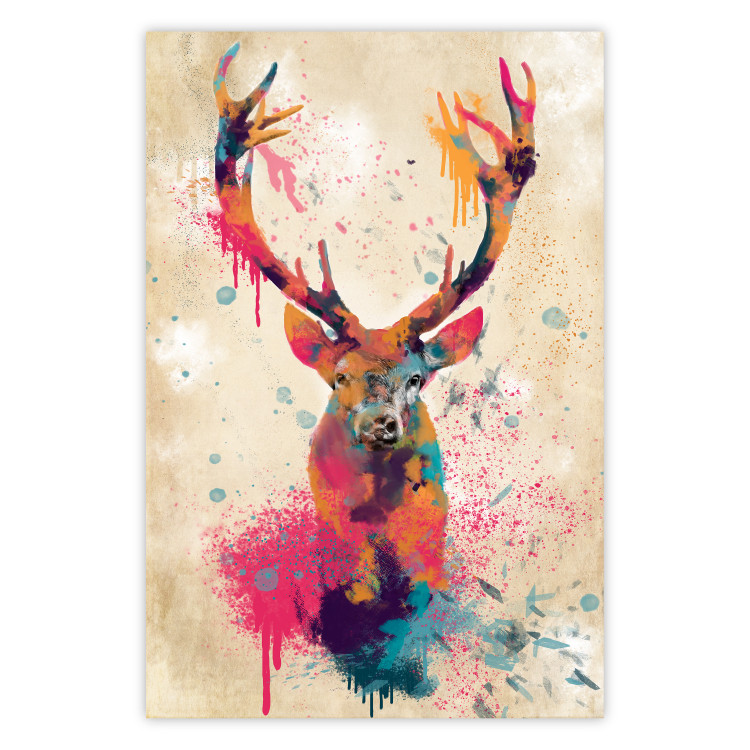 Poster Watercolor Deer - colorful abstract with a horned animal on a beige background 128927