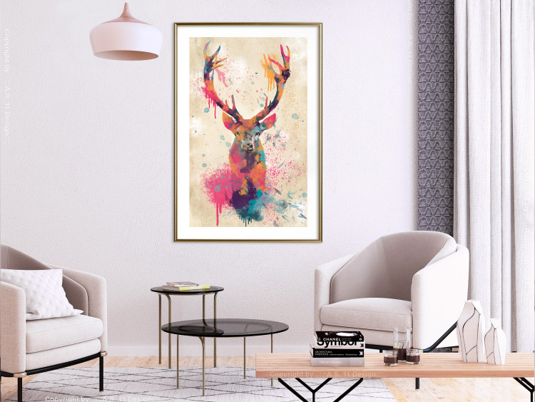Poster Watercolor Deer - colorful abstract with a horned animal on a beige background 128927 additionalImage 13
