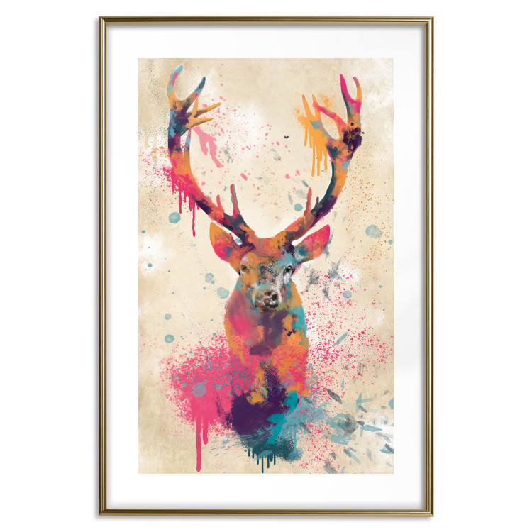 Poster Watercolor Deer - colorful abstract with a horned animal on a beige background 128927 additionalImage 14