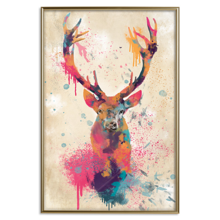 Poster Watercolor Deer - colorful abstract with a horned animal on a beige background 128927 additionalImage 17