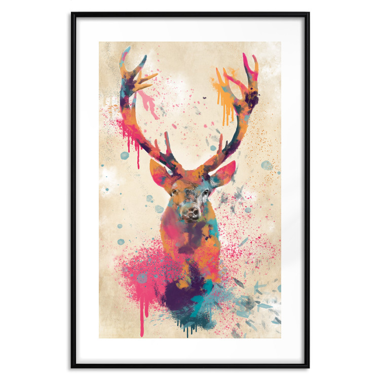 Poster Watercolor Deer - colorful abstract with a horned animal on a beige background 128927 additionalImage 15