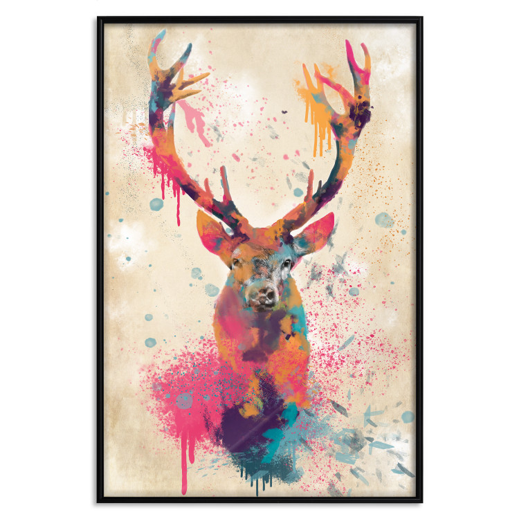Poster Watercolor Deer - colorful abstract with a horned animal on a beige background 128927 additionalImage 16