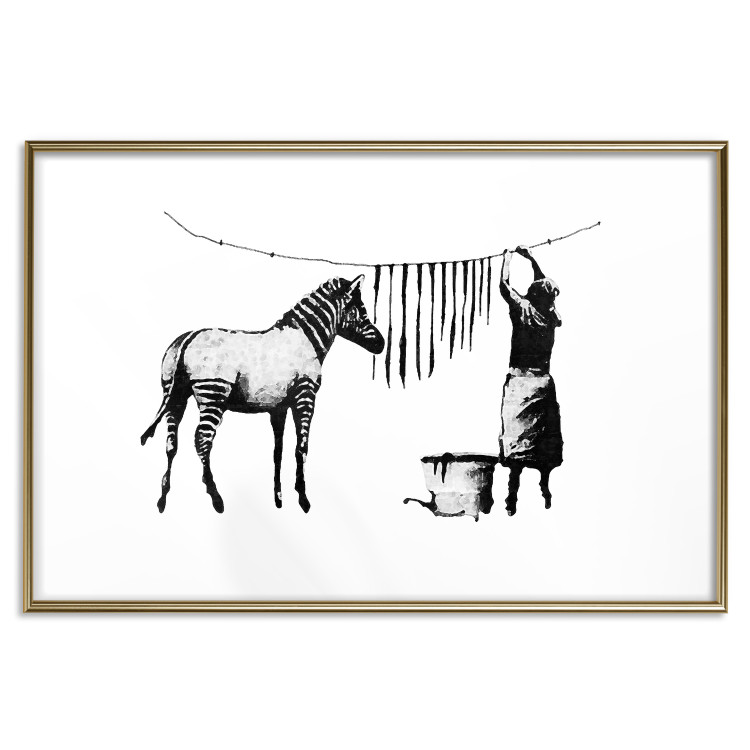 Wall Poster Banksy: Zebra Crossing - black and white zebra and woman hanging stripes 132427 additionalImage 14