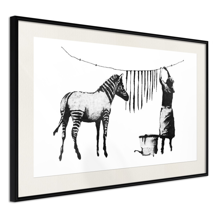 Wall Poster Banksy: Zebra Crossing - black and white zebra and woman hanging stripes 132427 additionalImage 13