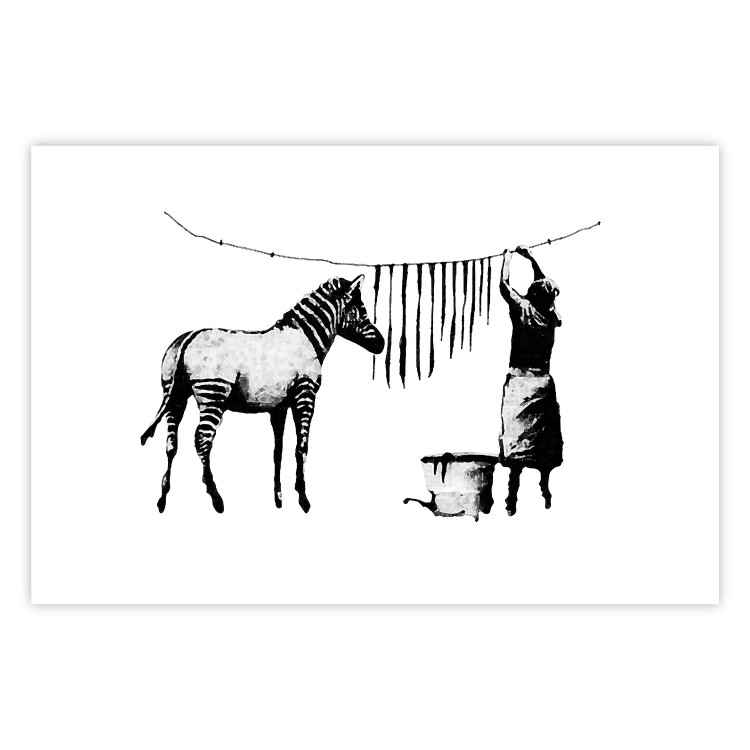 Wall Poster Banksy: Zebra Crossing - black and white zebra and woman hanging stripes 132427 additionalImage 19