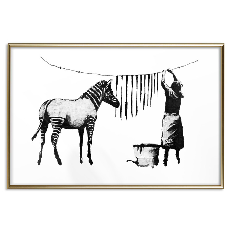 Wall Poster Banksy: Zebra Crossing - black and white zebra and woman hanging stripes 132427 additionalImage 16