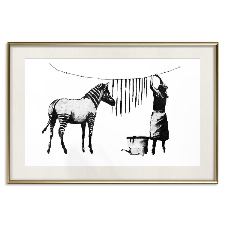 Wall Poster Banksy: Zebra Crossing - black and white zebra and woman hanging stripes 132427 additionalImage 19