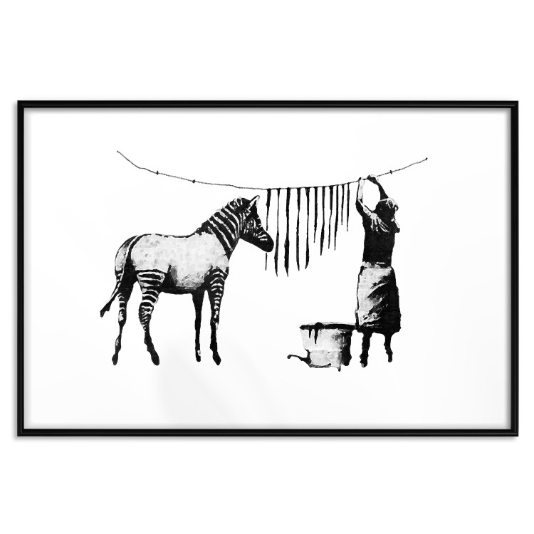 Wall Poster Banksy: Zebra Crossing - black and white zebra and woman hanging stripes 132427 additionalImage 17