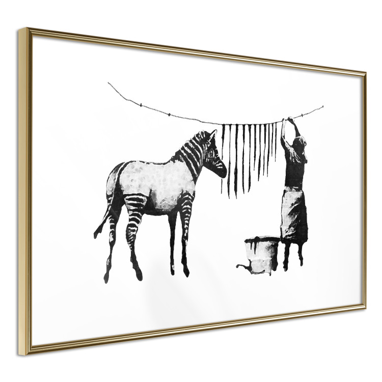 Wall Poster Banksy: Zebra Crossing - black and white zebra and woman hanging stripes 132427 additionalImage 4