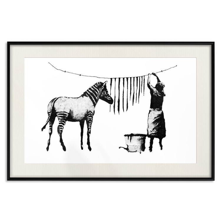 Wall Poster Banksy: Zebra Crossing - black and white zebra and woman hanging stripes 132427 additionalImage 18