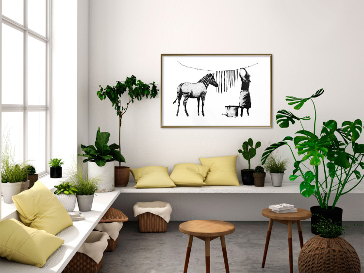 Wall Poster Banksy: Zebra Crossing - black and white zebra and woman hanging stripes 132427 additionalImage 10