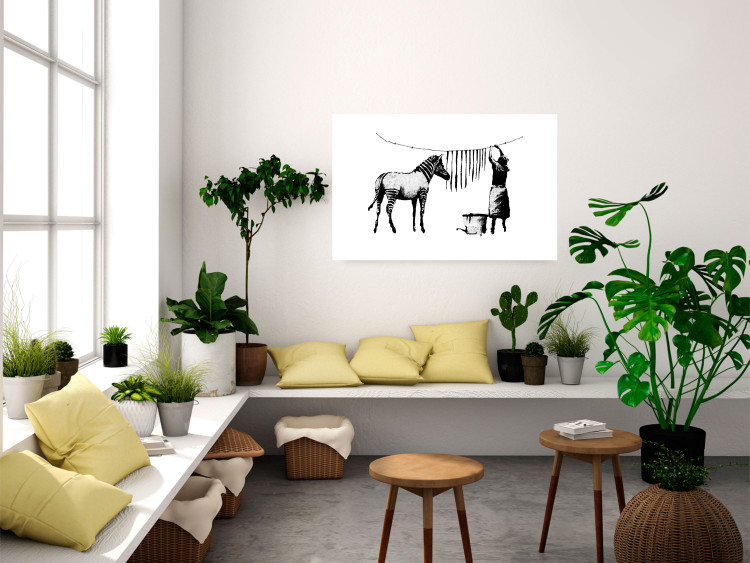 Wall Poster Banksy: Zebra Crossing - black and white zebra and woman hanging stripes 132427 additionalImage 12