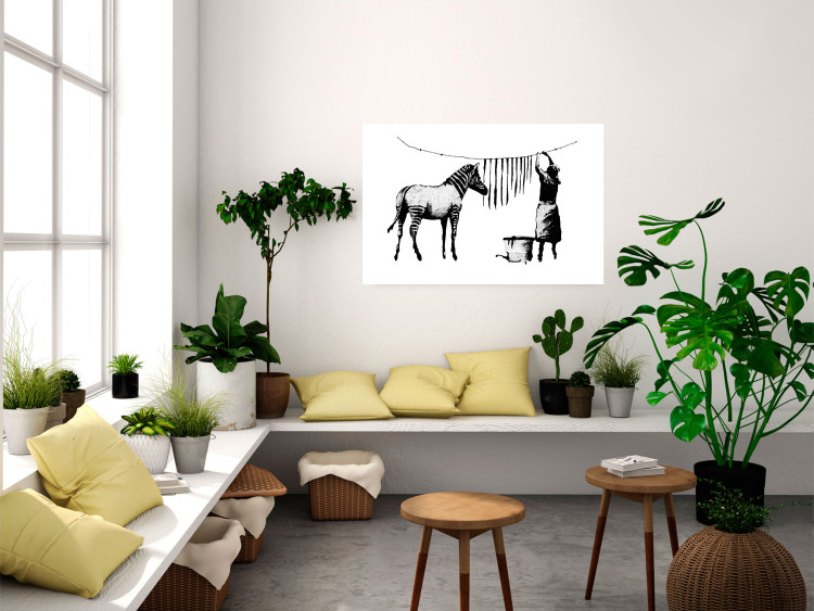 Wall Poster Banksy: Zebra Crossing - black and white zebra and woman hanging stripes 132427 additionalImage 23