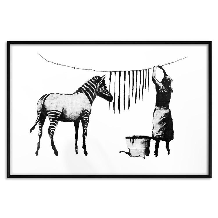 Wall Poster Banksy: Zebra Crossing - black and white zebra and woman hanging stripes 132427 additionalImage 24