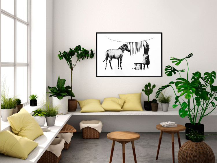 Wall Poster Banksy: Zebra Crossing - black and white zebra and woman hanging stripes 132427 additionalImage 9