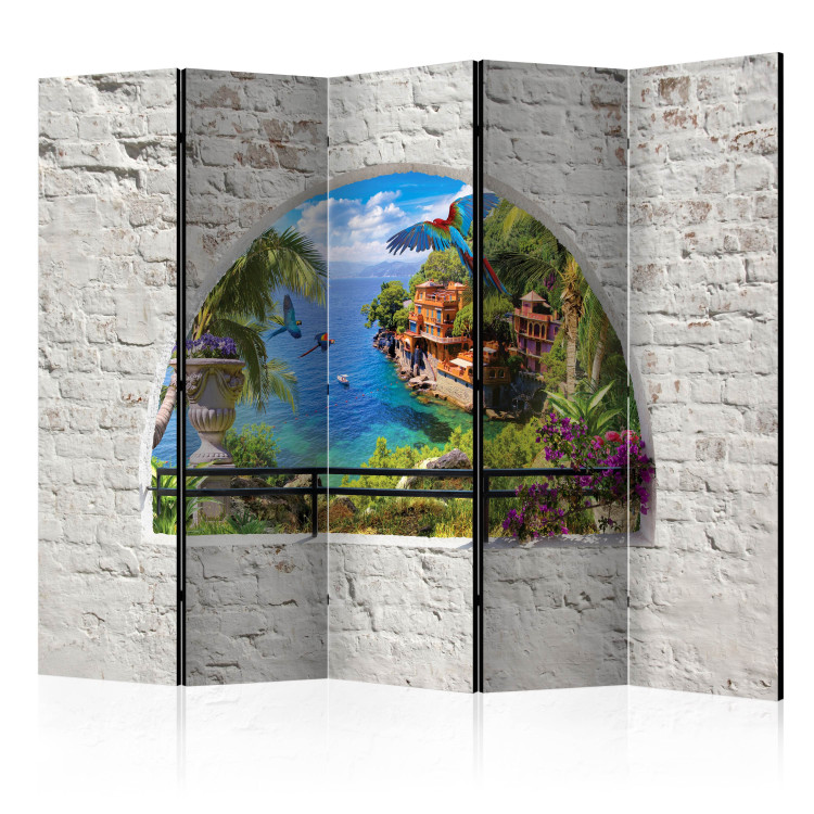 Room Divider Screen Window to Paradise II (5-piece) - wild island and parrots view from a window 133127