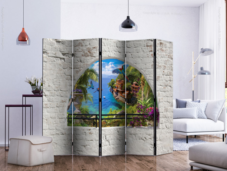 Room Divider Screen Window to Paradise II (5-piece) - wild island and parrots view from a window 133127 additionalImage 2