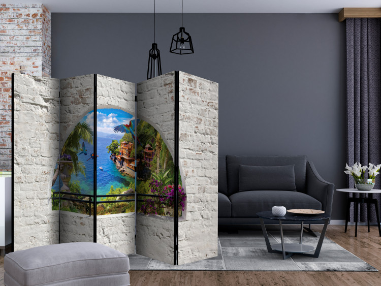 Room Divider Screen Window to Paradise II (5-piece) - wild island and parrots view from a window 133127 additionalImage 4