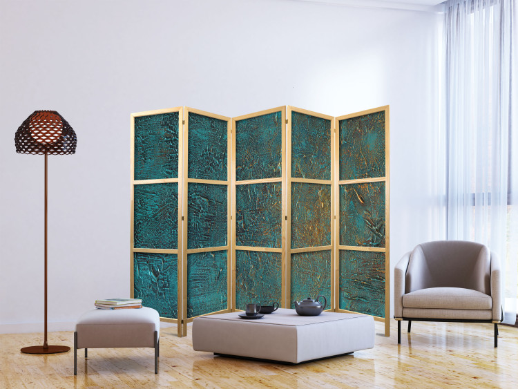 Room Divider Azure Mirror II - abstract blue texture with golden accent 133627 additionalImage 6