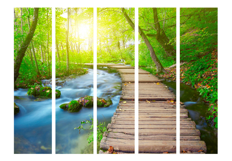 Folding Screen Green Forest II - landscape of a wooden bridge in the forest against the sun's glare 134027 additionalImage 3