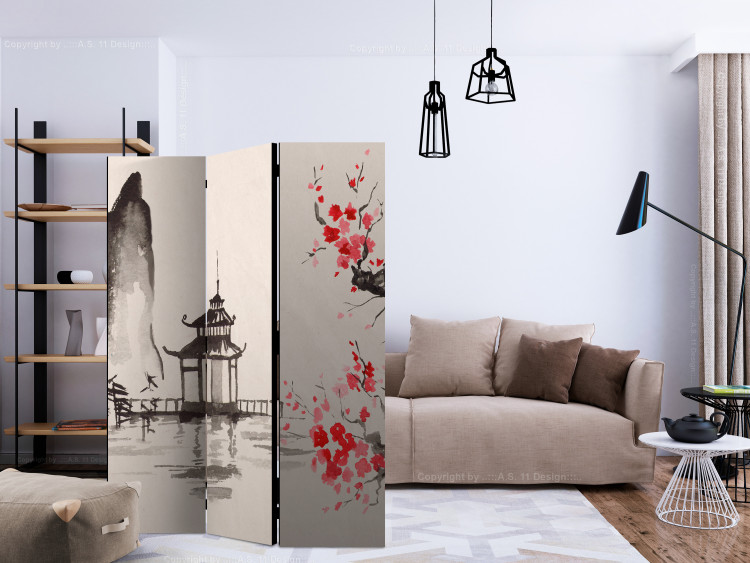 Room Divider Screen Sensei's Hut (3-piece) - blooming cherry blossom and Japanese architecture 134327 additionalImage 4