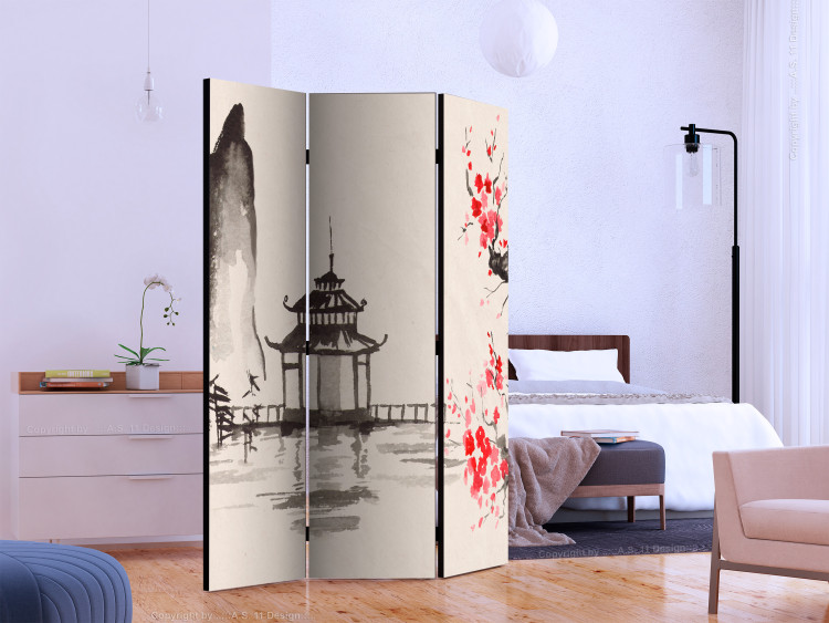 Room Divider Screen Sensei's Hut (3-piece) - blooming cherry blossom and Japanese architecture 134327 additionalImage 2