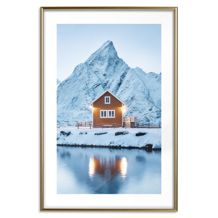 Poster Cottage in Norway - majestic winter landscape of a cottage against mountains 138727 additionalImage 15