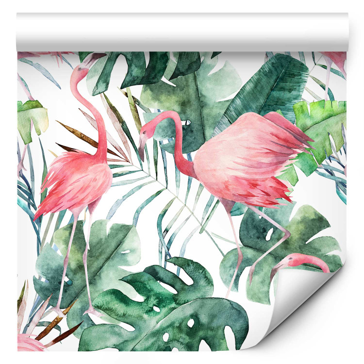Wallpaper Flamingos in the Jungle - Pink Birds Among the Big Green Leaves 150027 additionalImage 1