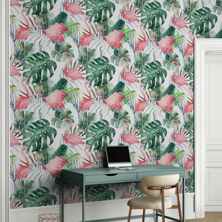 Wallpaper Flamingos in the Jungle - Pink Birds Among the Big Green Leaves 150027 additionalImage 5