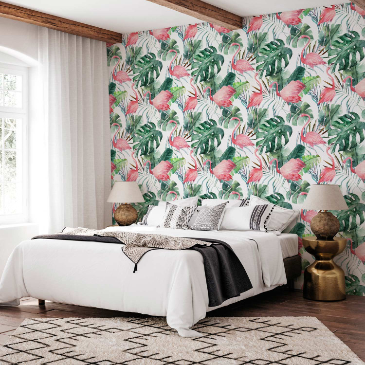 Wallpaper Flamingos in the Jungle - Pink Birds Among the Big Green Leaves 150027 additionalImage 4
