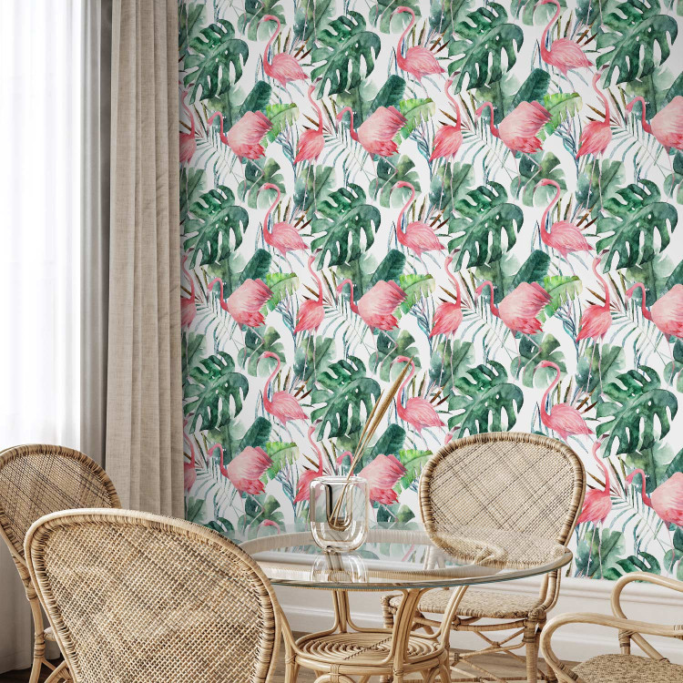 Wallpaper Flamingos in the Jungle - Pink Birds Among the Big Green Leaves 150027 additionalImage 9