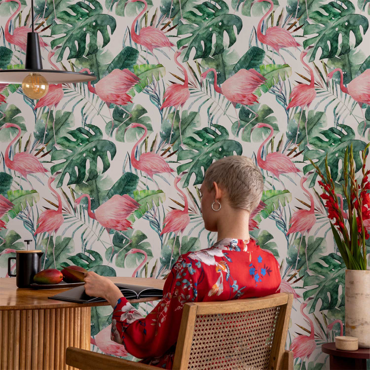 Wallpaper Flamingos in the Jungle - Pink Birds Among the Big Green Leaves 150027 additionalImage 8
