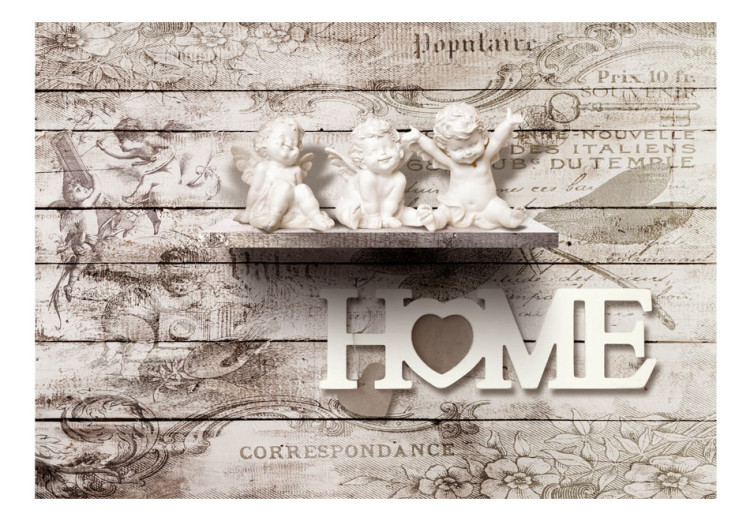 Photo Wallpaper Religious motif - angels on a background of textured wood planks with text 87827 additionalImage 1